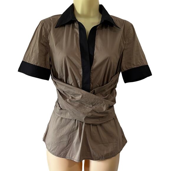 BCBG MaxAzria Tan and Black Blouse Size Small Cross Wrap Front w Tie Back - Picture 1 of 12